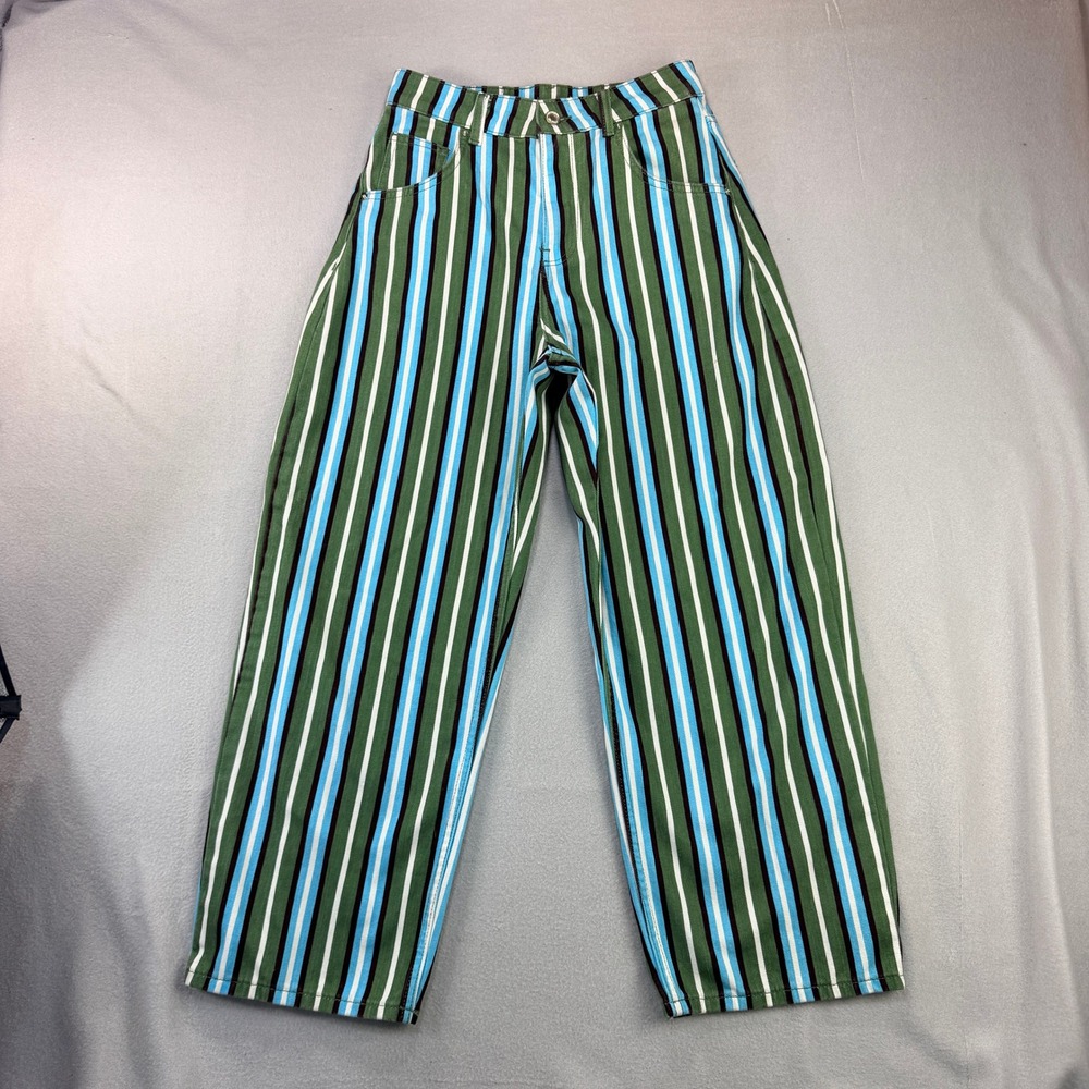 Zara Womens High Waisted Vertical Stripe Straight Wide Leg Pants Green Blue Sz 4